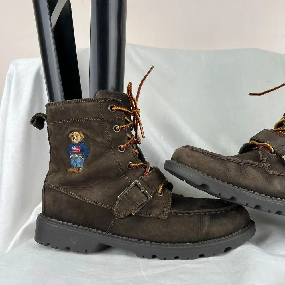 Polo Ralph Lauren Suede Leather Boots Dark Brown Ranger Hi II Buckle Bear Size 6